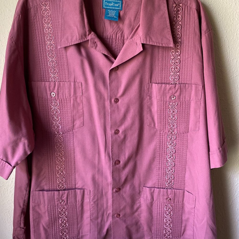 TropiCool  Embroidered Dark Mauve/Pink Cuban Cigar Button SS Top Shirt size 2XL